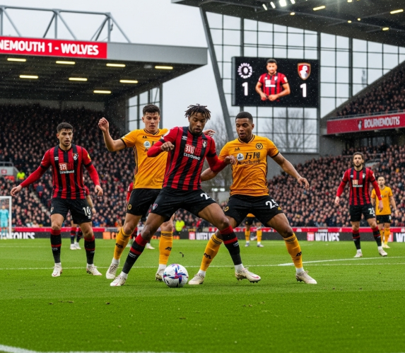 Bournemouth and Wolves players competing in a Premier League match