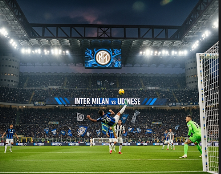 Inter Milan and Udinese players in action during a Serie A match at San Siro stadium.