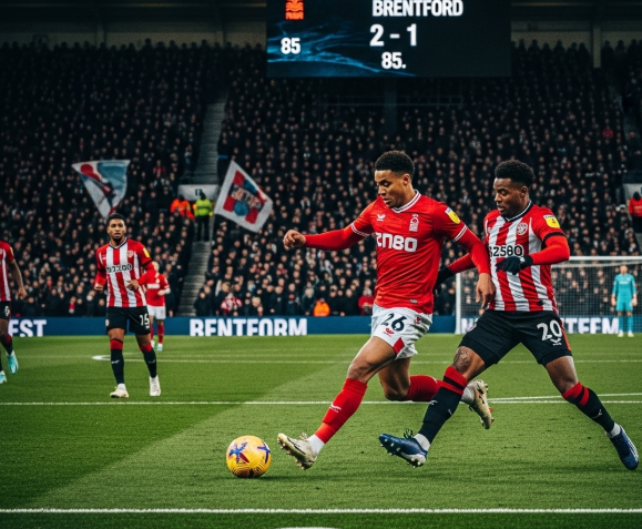 Graphic featuring Nottingham Forest and Brentford logos against a football pitch backdrop, highlighting their Premier League match on August 17, 2025, with key stats and betting tips for the game.