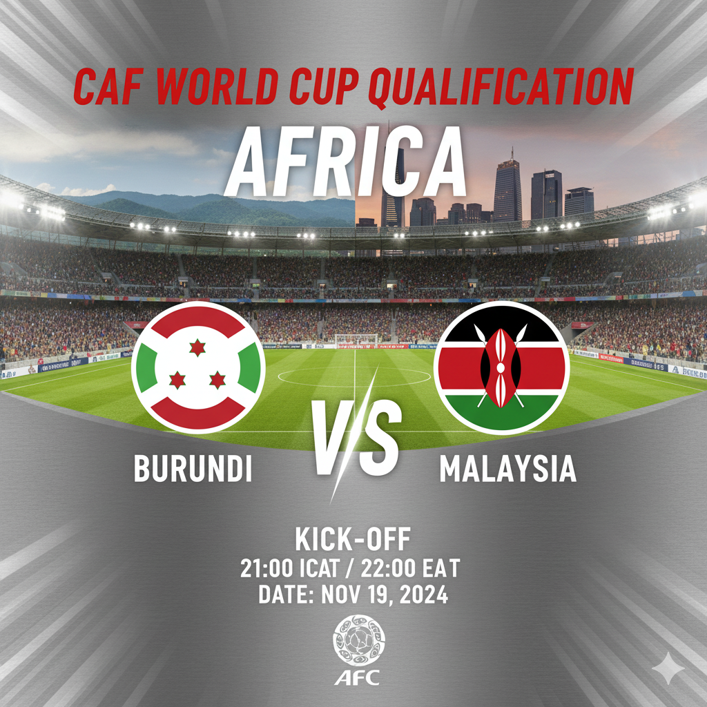 Burundi vs Kenya CAF World Cup Qualification Africa match graphic featuring team logos and stadium background.
