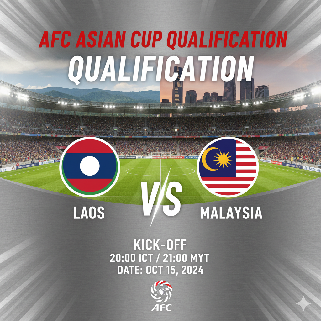 Laos vs Malaysia AFC Asian Cup Qualification match graphic featuring team logos and stadium background.