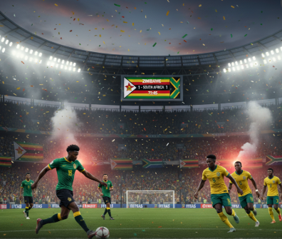 Zimbabwe and South Africa national teams in action during their CAF World Cup Qualification Africa match on 06 October 2025.