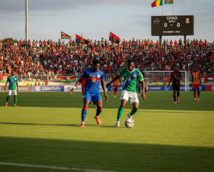 Chad vs Mali football match preview graphic with team logos and stadium background.