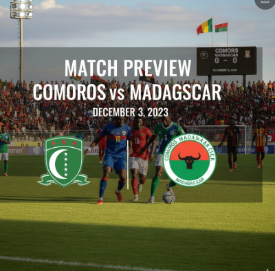 Comoros vs Madagascar football match preview graphic with team logos and stadium background.