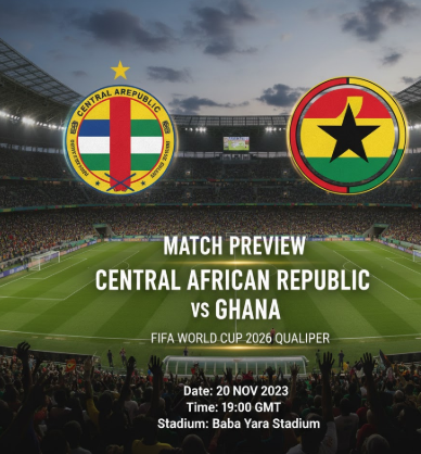 Central African Republic vs Ghana football match preview graphic with team logos and stadium background.