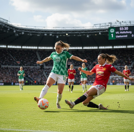 VfL Wolfsburg Women vs Manchester United Women UEFA Champions League preview graphic with team logos and November 19 2025 date