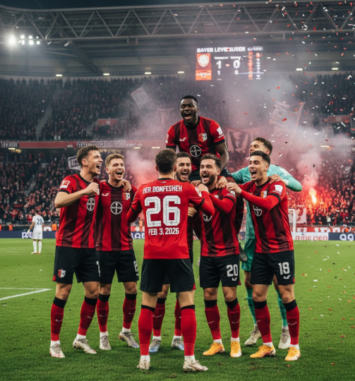 Bayer Leverkusen players celebrating a goal at BayArena