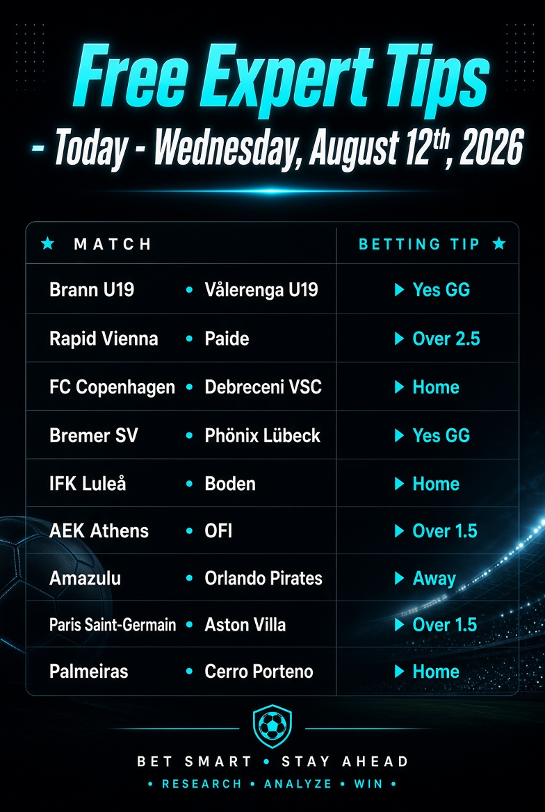 Football Free Expert Tips – Today – Wednesday, August 12th, 2026